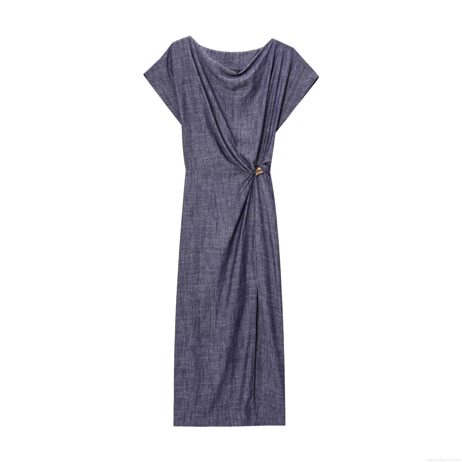 Women's Elegant Sleeveless Maxi Dress Textured Oxford Fabric Cowl Neck Twist Waist With Golden Triangle Buckle High Waist Side Slit Summer Party