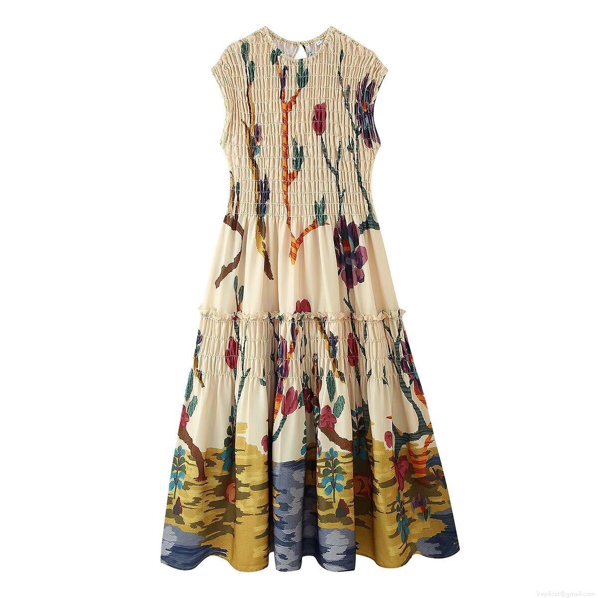 Women's Summer Sleeveless Shirred Maxi Dress Elegant Abstract Floral Print Round Neck A-Line Vacation Beach Long Dress Polyester Spandex Party Wear