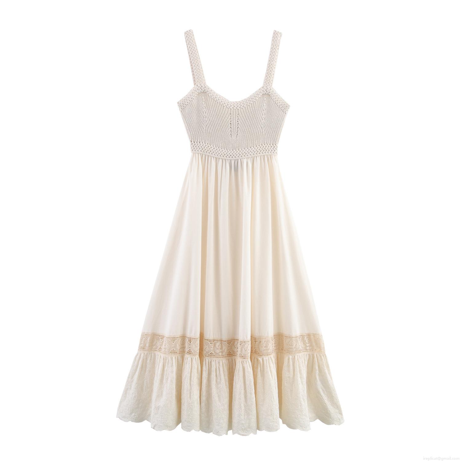 Women Summer Sexy Crochet Knit Patchwork Maxi Dress Square Neck Sleeveless Lace Trim Hollow Out A-Line Long Dress For Beach Vacation Party Bohemian French Style