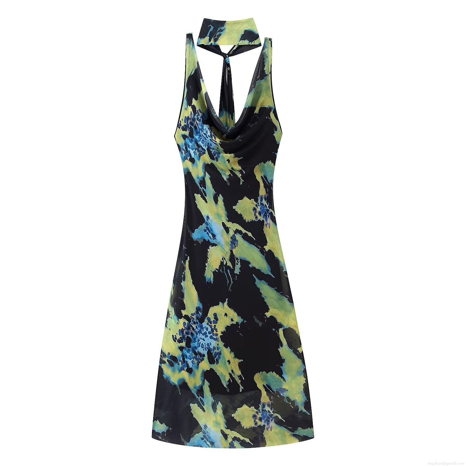 Women's Sexy Halter V-Neck Maxi Dress Abstract Marble Print Sleeveless High Waist Mesh A-Line Long Dress with Scarf Detail for Summer Party Clubwear