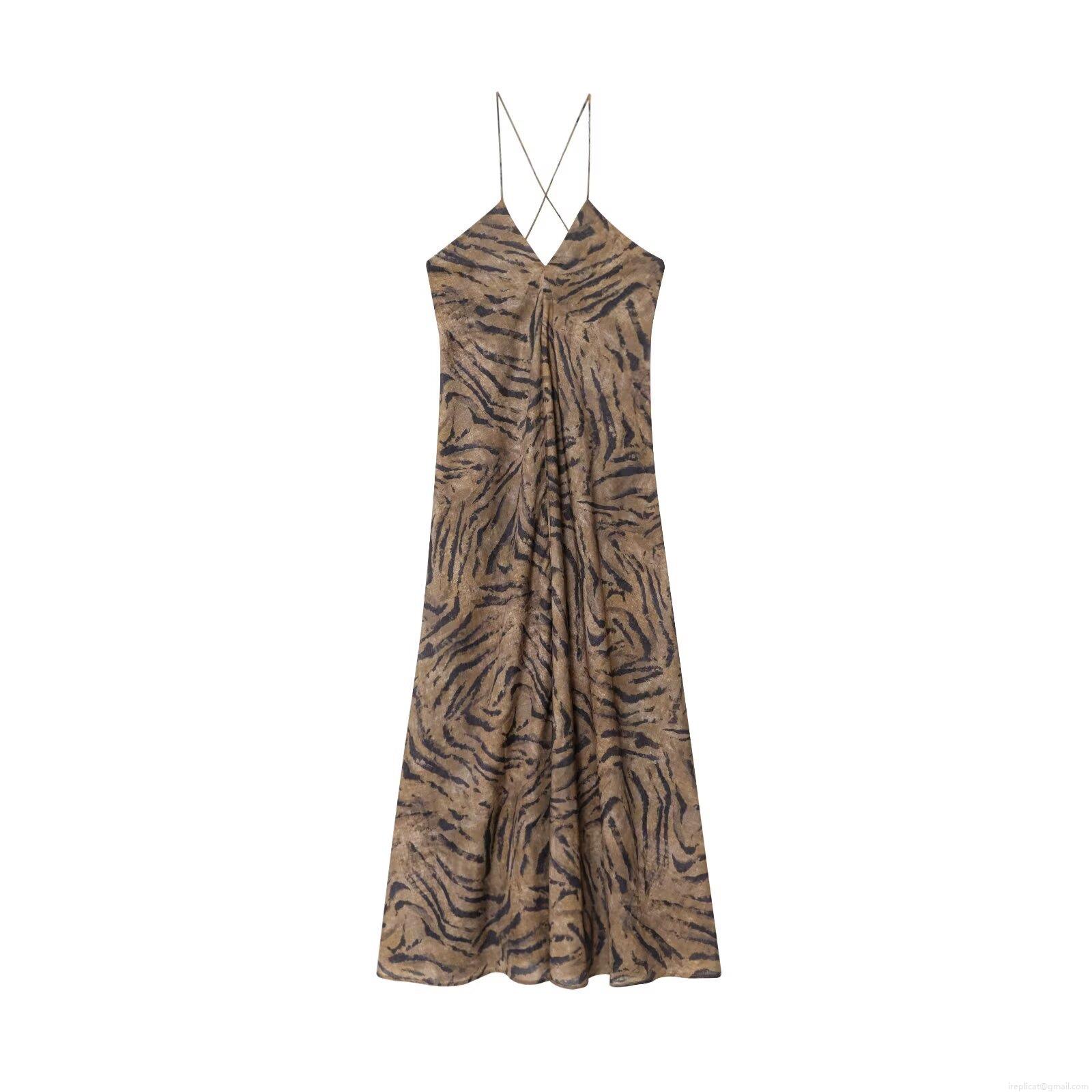 Sexy Tiger Print Cami Dress For Women Polyester Spandex Backless Side Slit Maxi Dress Summer Beach Vacation Fashion Slim Fit Long Dress