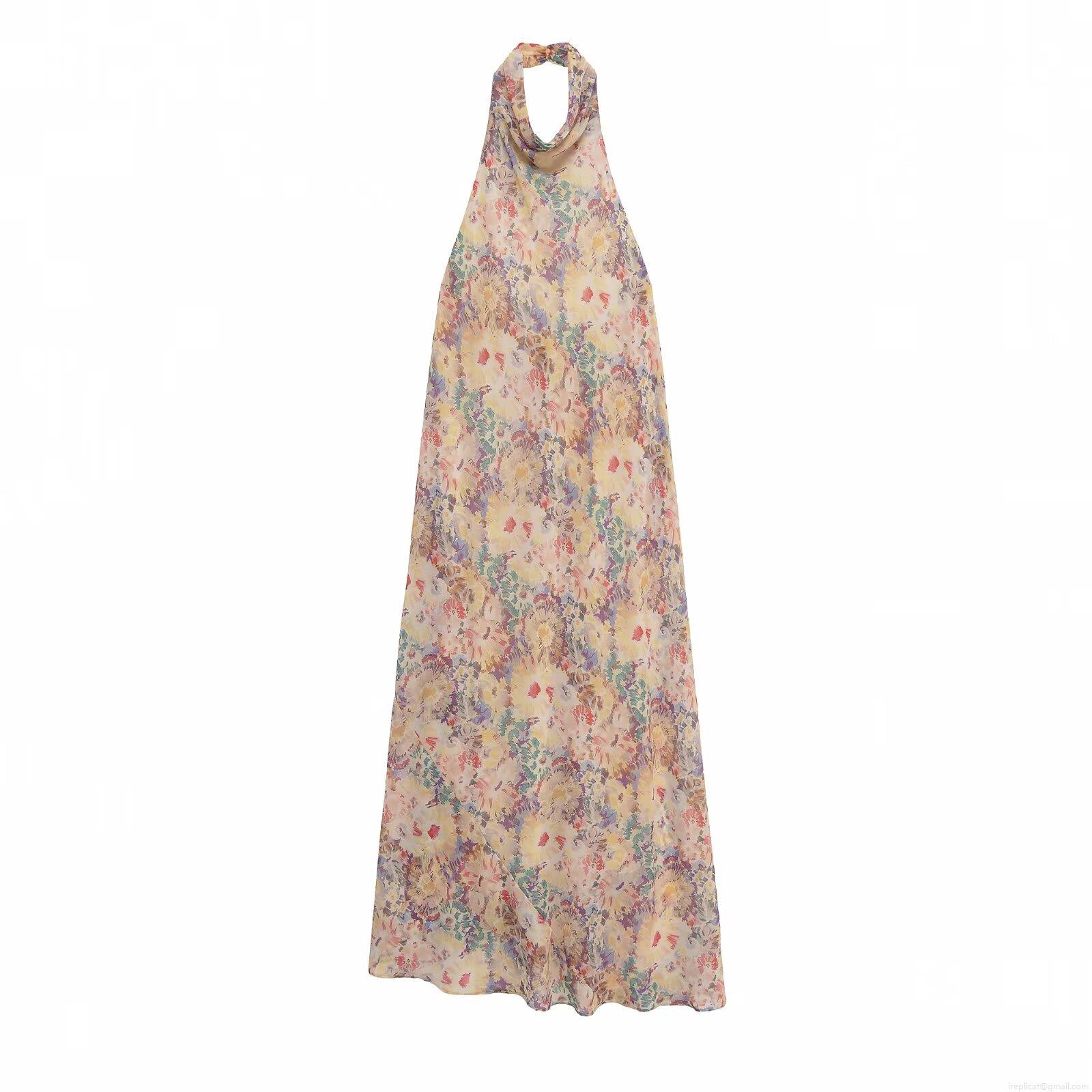 Women's Sexy Halter Neck Backless Floral Maxi Dress Chiffon Printed Sleeveless A-Line Long Dress For Summer Beach Party Bohemian Style Dress