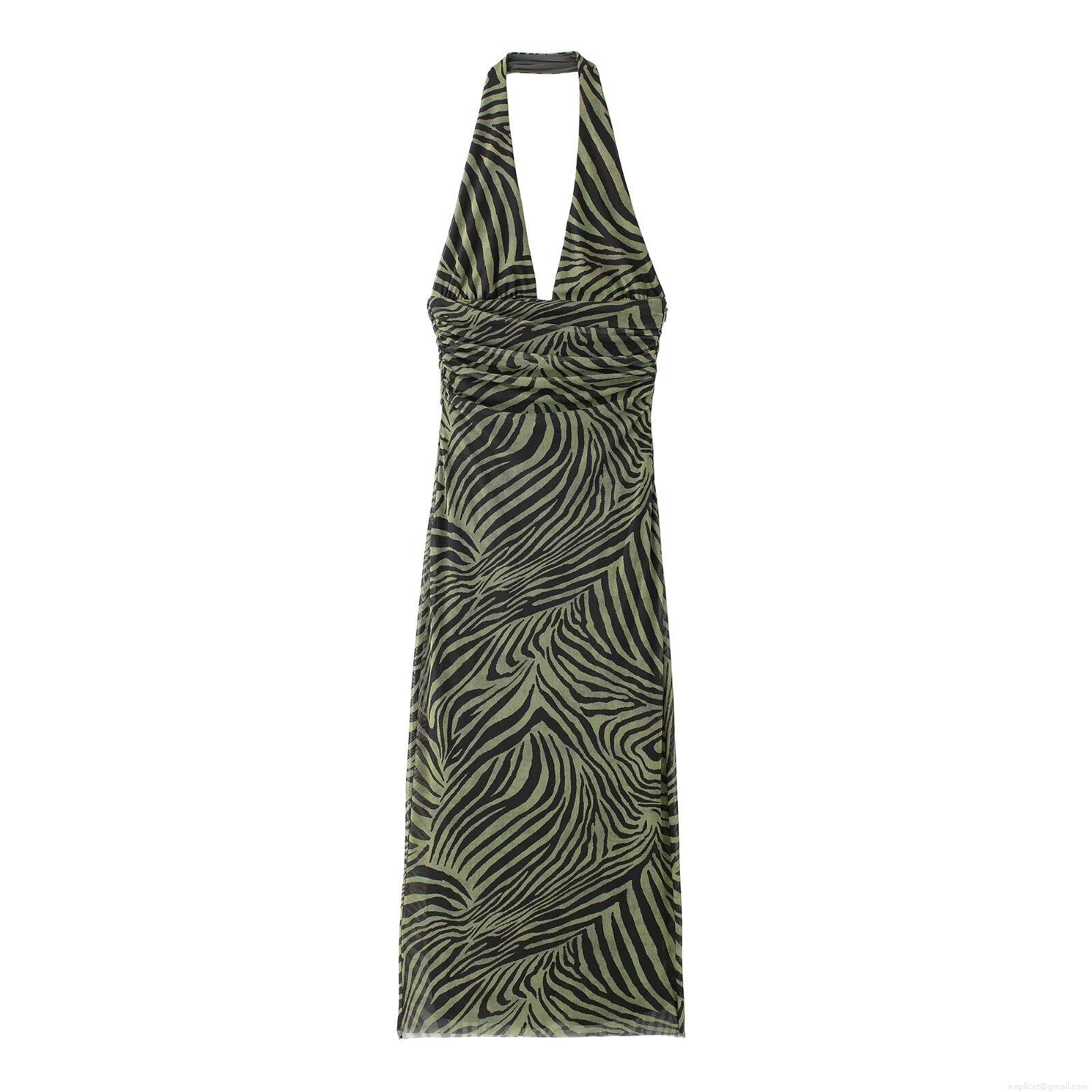 Women's Sexy Zebra Print Halter Neck Backless Slim Fit Mesh Maxi Dress Elegant Sleeveless Bodycon Evening Party Clubwear Summer Long Dress