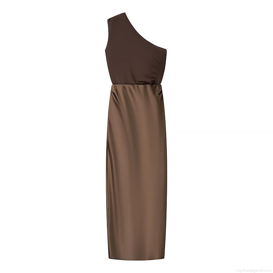 Women Sexy One Shoulder Splicing Satin Maxi Dress Elegant Ruched Slim Fit Dark Brown Sleeveless Evening Party Wedding Guest Gown Summer Fashion