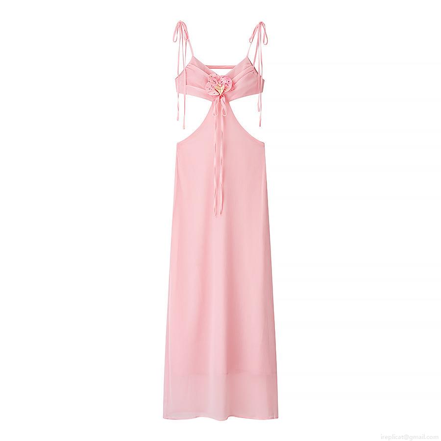 Women's Sexy Pink Backless Halter Maxi Dress With 3D Orchid Flower Hollow Waist Polyester Spandex Chiffon Long Dress For Vacation Party Summer Socialite