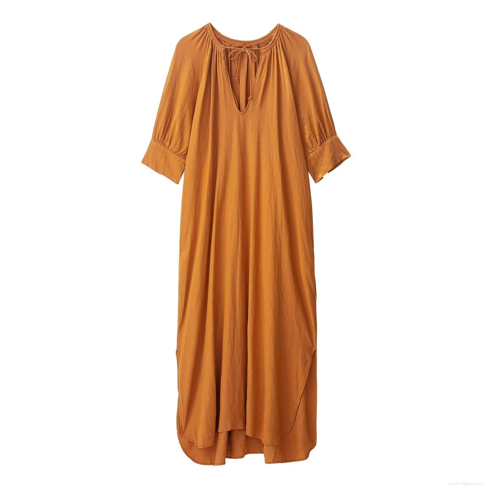 Women Lazy Style Linen Blend Maxi Dress Elegant V-Neck Tie Front Lantern Sleeve Solid Color Long Dress With Side Slit For Summer Vacation