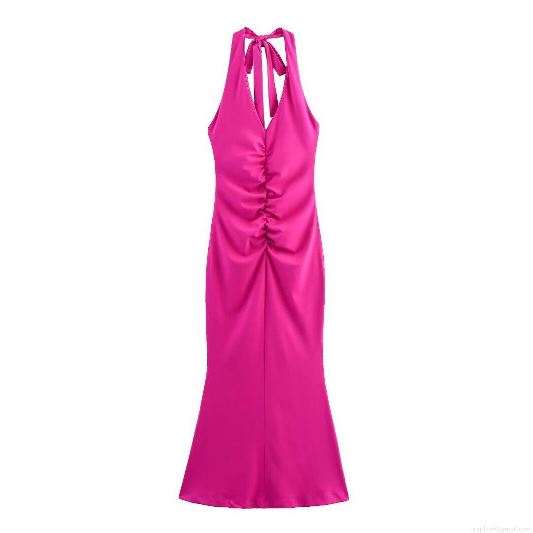 Women Sexy Halter Ruched Rose Red Satin Maxi Dress Backless Mermaid Evening Party Bodycon Dress With Bow Tie Summer Sleeveless Solid Color Elegant Club Outfit