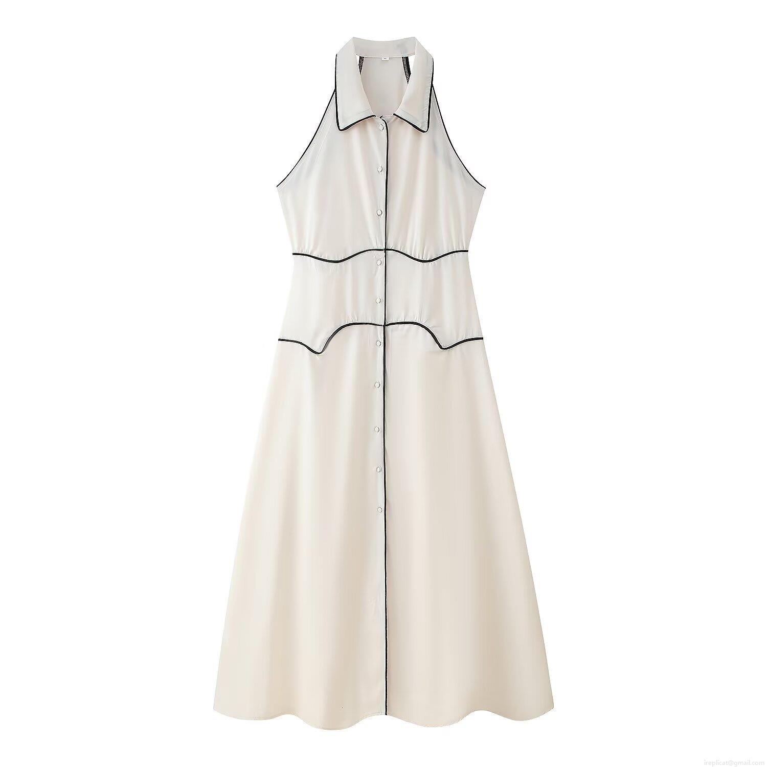 Elegant Halter Maxi Dress Contrast Piping Sleeveless Backless High Waist Single Breasted Satin A-Line Long Dress For Summer Evening Party Wedding Guest Women Vestidos