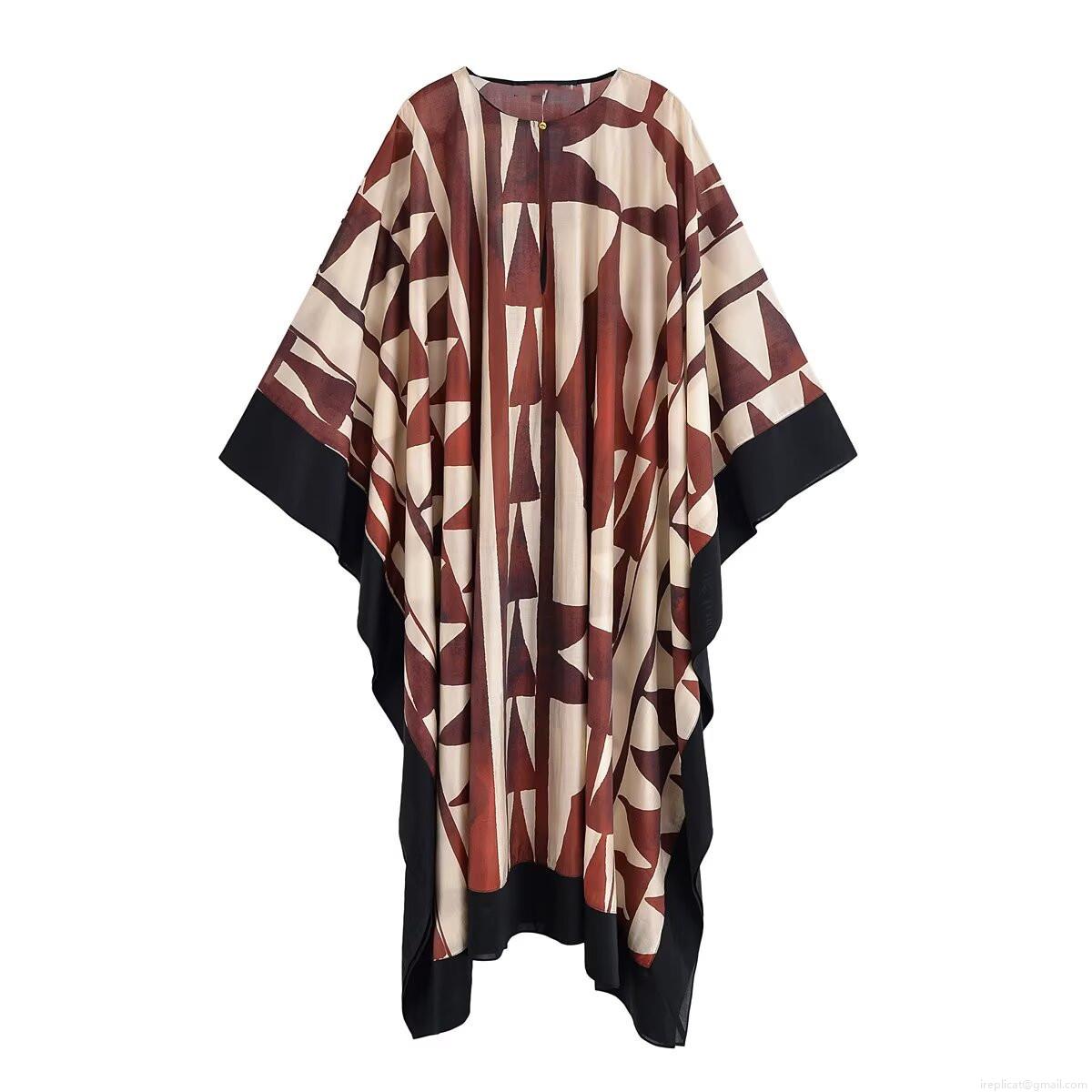 Women Bohemian Geometric Print Maxi Dress Round Neck Batwing Sleeve Loose Vacation Chiffon Texture Beachwear Long Sundress Casual Style
