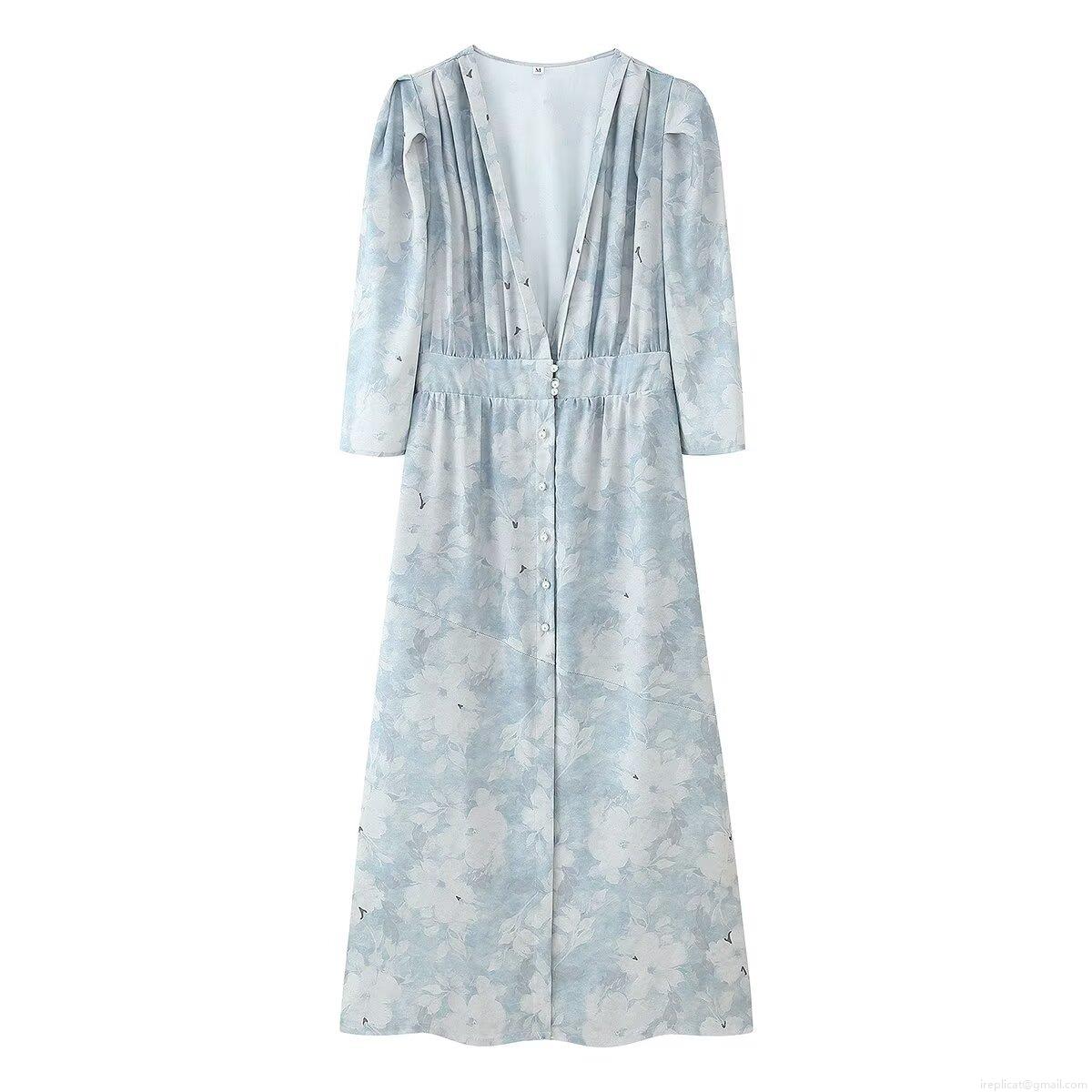 Women's Elegant Light Blue Floral V-Neck Maxi Dress Puff Sleeve Pearl Button High Waist Pleated A-Line Lightweight Polyester Chiffon Summer Party Vacation Dress