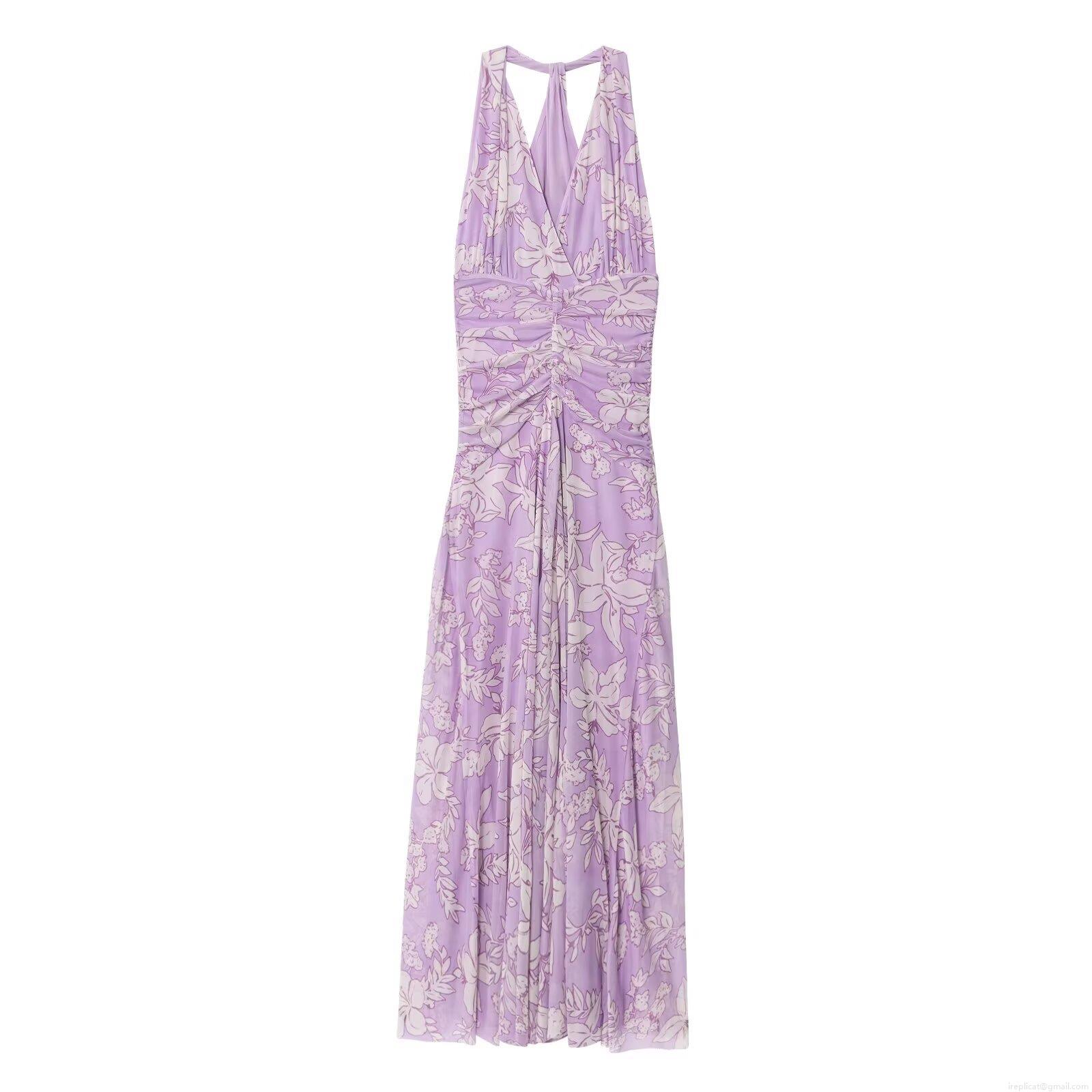 Women's Sexy Floral Print Mesh Halter Maxi Dress Ruched V-Neck Sleeveless Bodycon Long Vacation Sundress Party Clubwear Summer Outfit