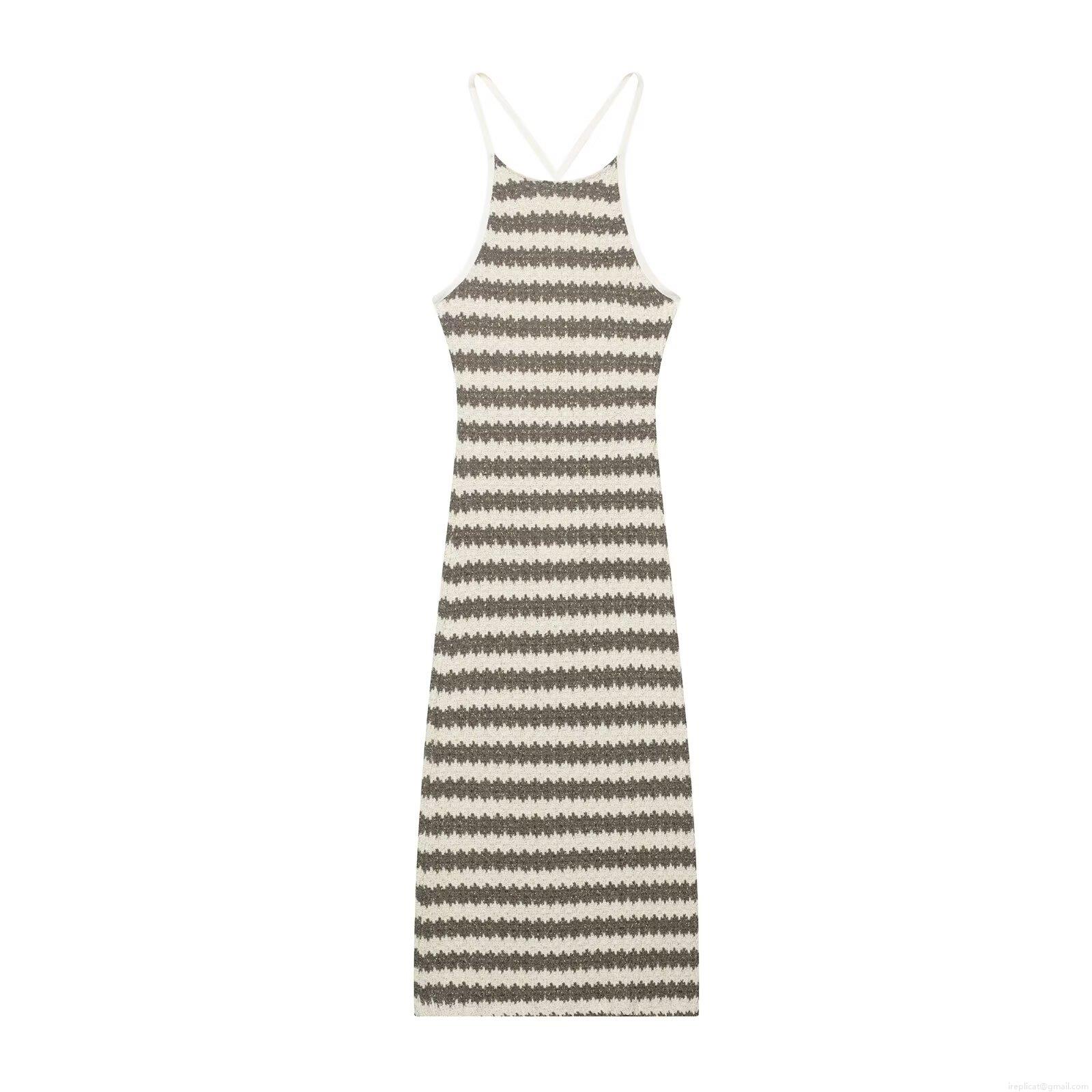 Women Sexy Backless Halter Knit Maxi Dress Summer Striped Bodycon Sleeveless Long Dress With Metallic Thread Tie-Up Party Vacation Beachwear