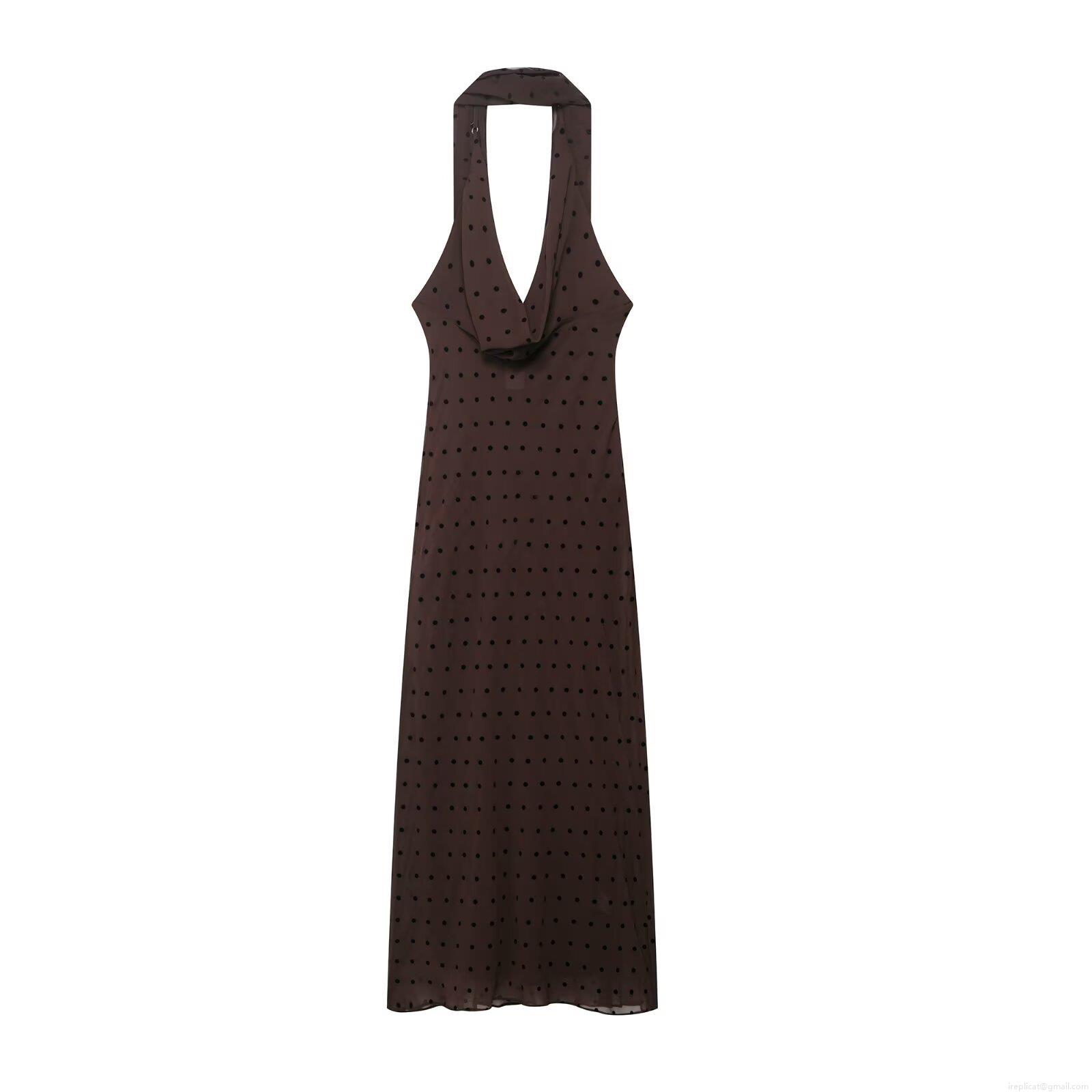 Women Sexy Halter Neck Backless Polka Dot Maxi Dress Elegant Vintage Brown 100% Polyester Sleeveless A-Line Long Dress For Party Club Evening Wear