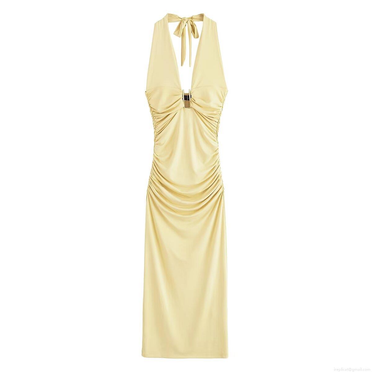 Women Sexy Halter Neck Maxi Dress Light Yellow Ruched Deep V-Neck With Gold Metal Buckle Elegant Sleeveless Backless High Waist Bodycon Long Dress For Party Vacation Evening