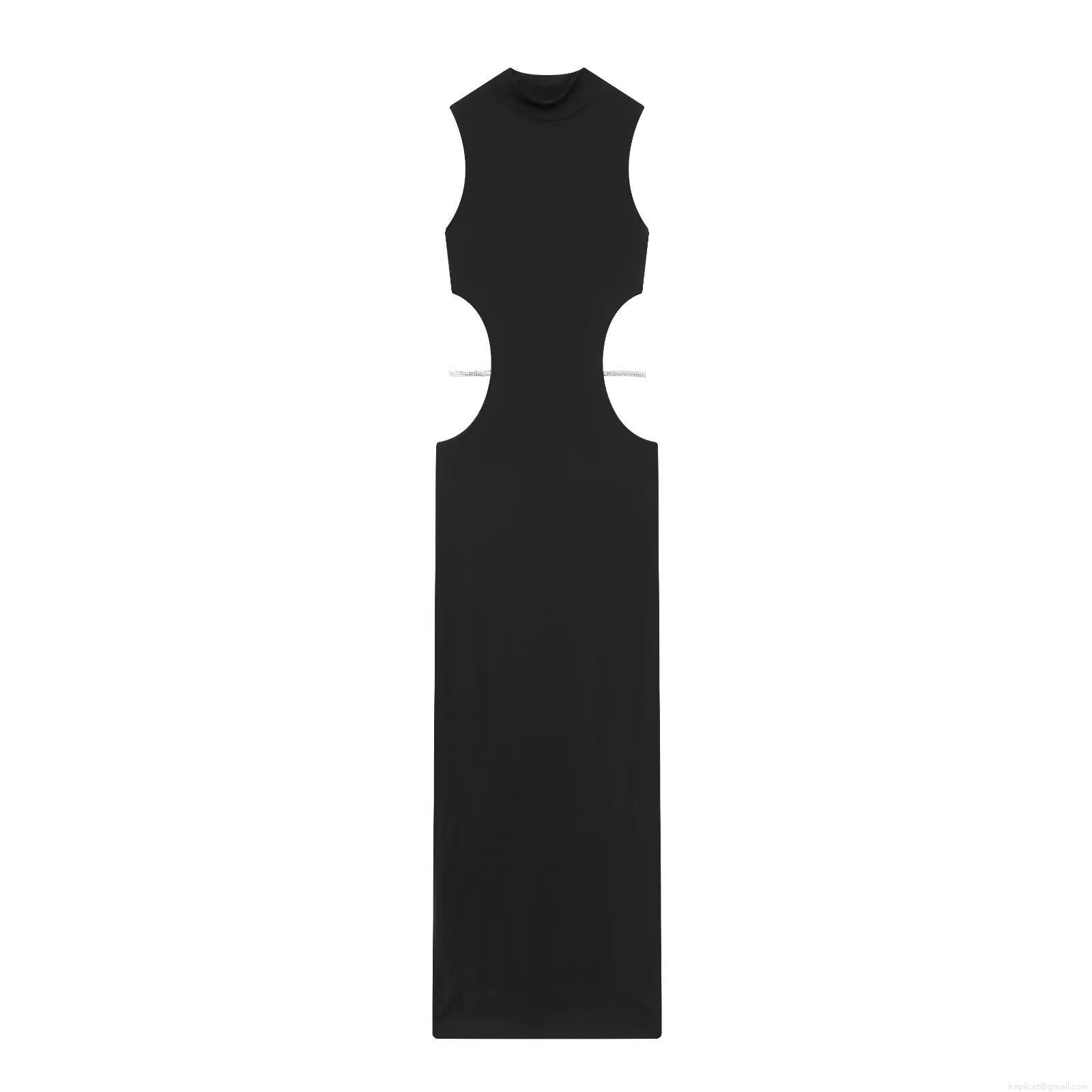 Women Sexy Black Cutout Maxi Dress With Rhinestone Chains Bodycon Sleeveless Mock Neck Evening Party Gown Elegant Clubwear For Ladies