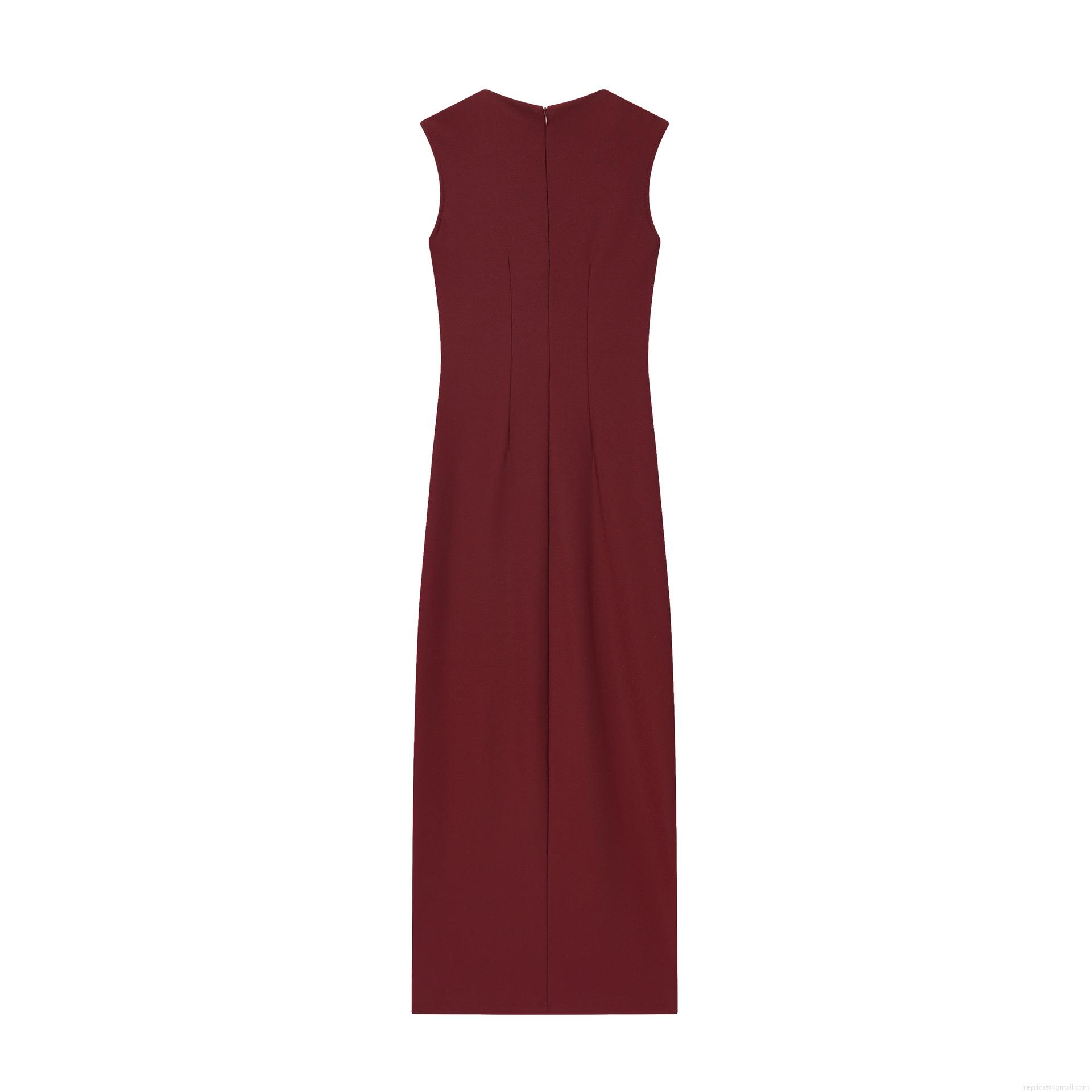 Women's Elegant Wine Red Sleeveless Maxi Dress Slim Fit Pleated High Slit Bodycon Evening Party Gown Sexy Round Neck Solid Color Polyester Dress