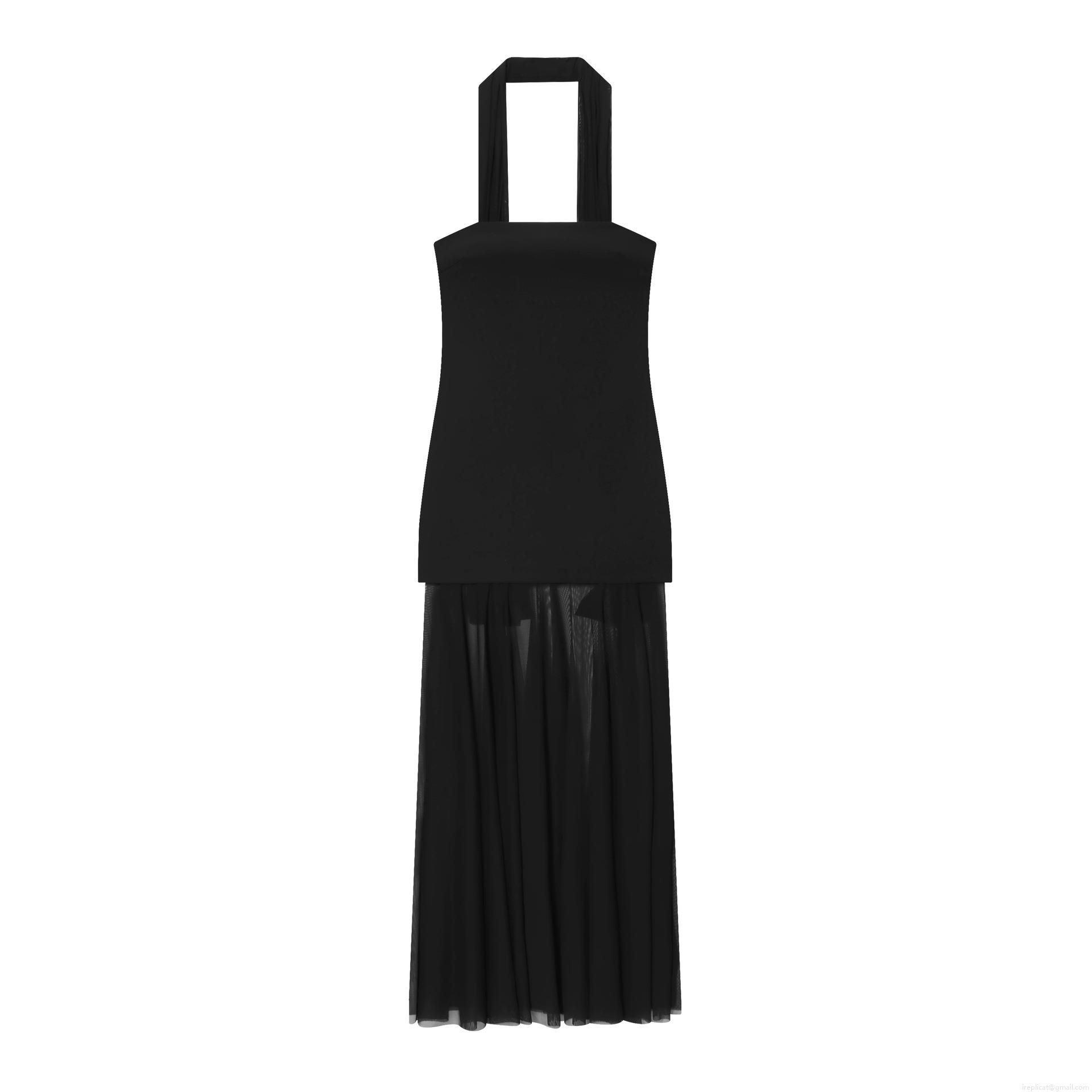Women's Elegant Black Halter Neck Maxi Dress Patchwork Mesh Transparent Long Evening Gown For Banquet Party Sexy Celebrity Style