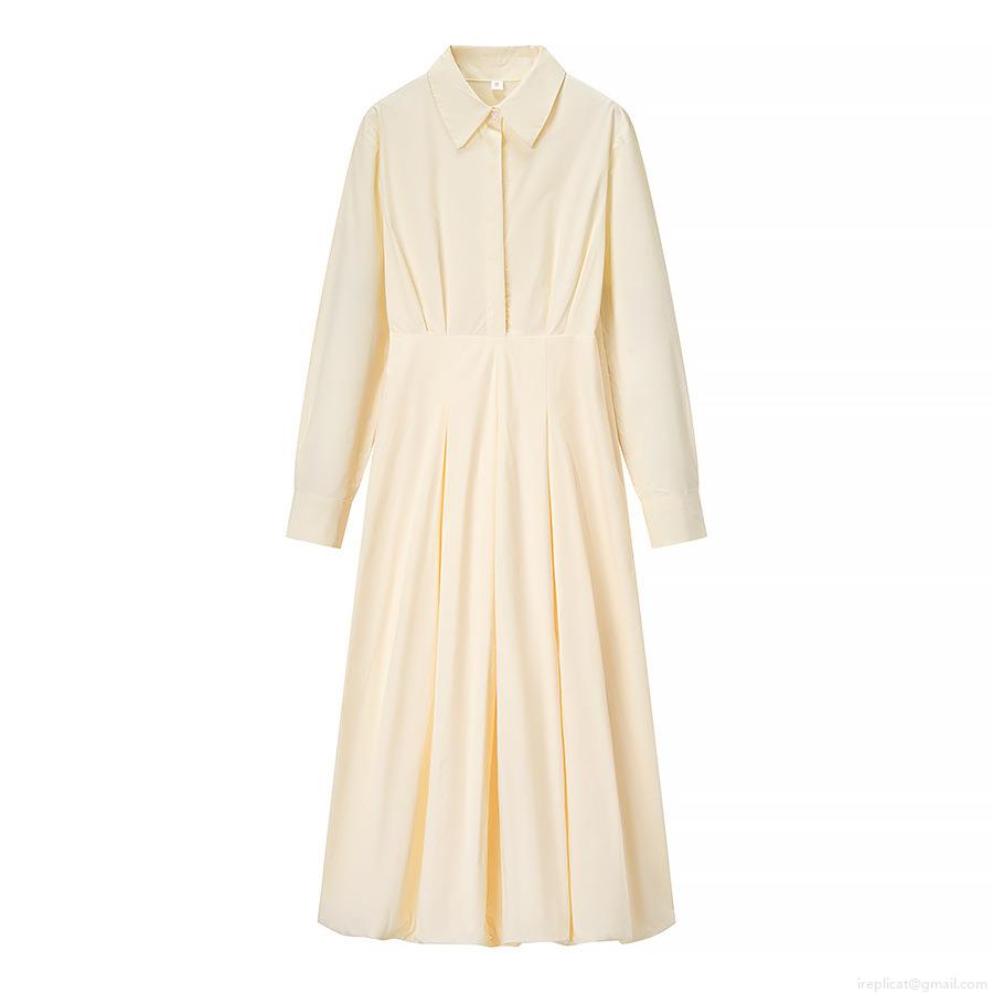 Women's Elegant Long Sleeve Solid Color Shirt Dress High Waist Pleated Maxi Dress 2025 Fall Fashion Commute Style A-Line Shirt Collar Dress for Ladies