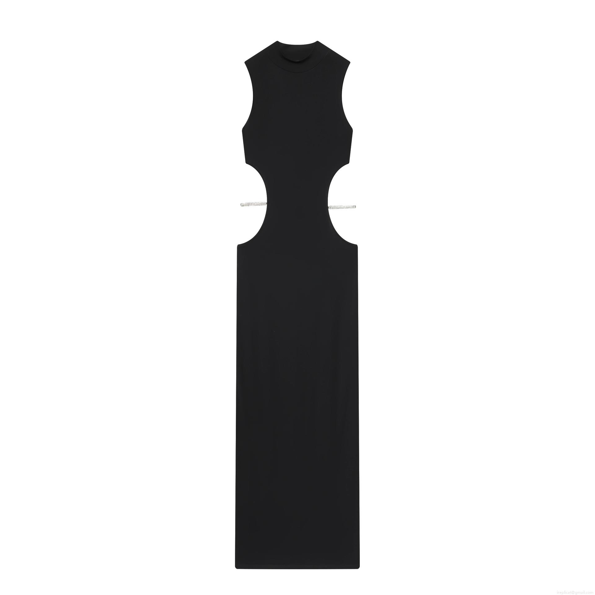 Women Sexy Black Sleeveless Maxi Dress With Side Cutout Rhinestone Decor Mock Neck High Stretch Bodycon Evening Party Long Gown