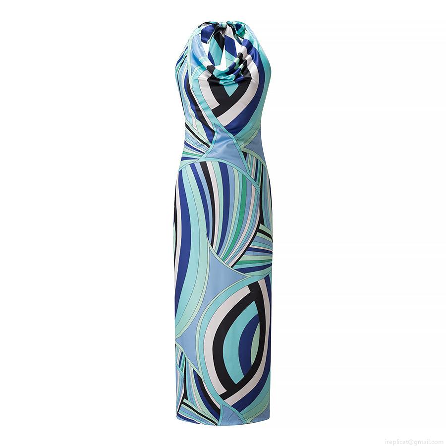 Women Halter Neck Backless Geometric Printed Slim Fit Maxi Dress Sexy Cowl Neck Satin Polyester Sleeveless Party Club Long Dress