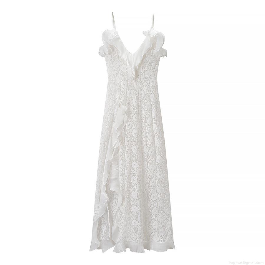 Women Sexy Lace Slip Maxi Dress V Neck Backless Ruffle Slit Slim Fit Polyester Spandex White Long Dress For Party Evening Wedding Date Night