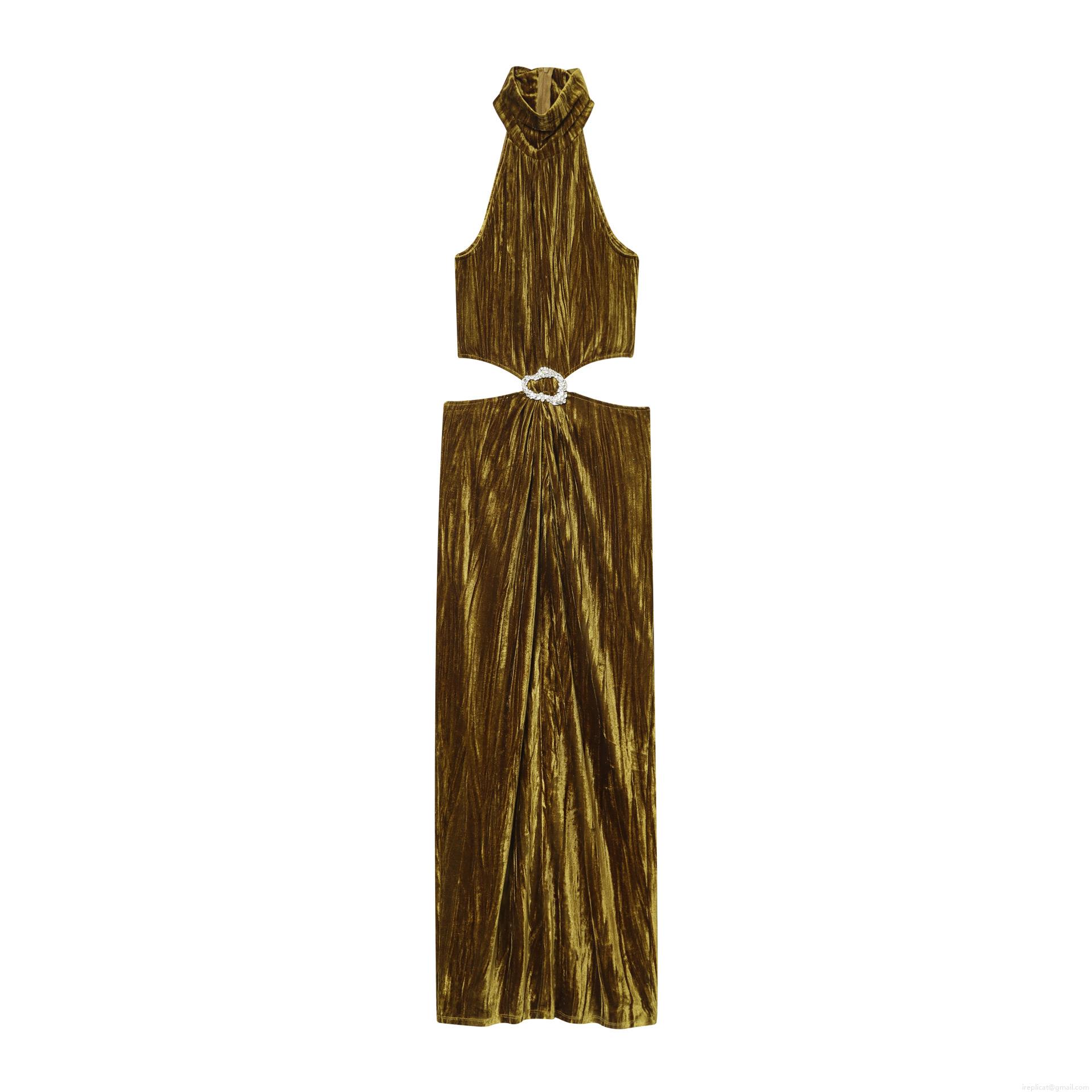 Women's Sexy Halter Neck Pleated Velvet Cutout Maxi Dress With Rhinestone Ring Buckle Sleeveless Bodycon Evening Party Long Dress