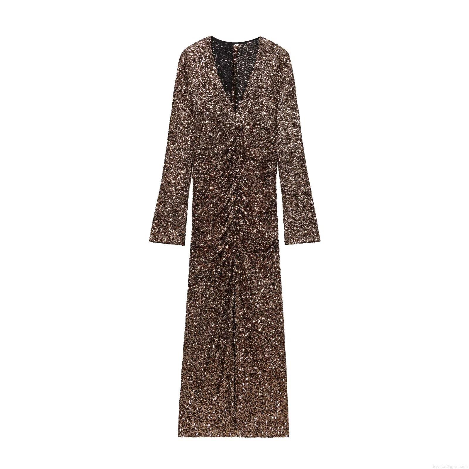 Women's Elegant Sequin V-Neck Long Sleeve Maxi Dress With Shoulder Pads Ruched High Slit Formal Evening Party Banquet Gown Sparkly Bodycon Style