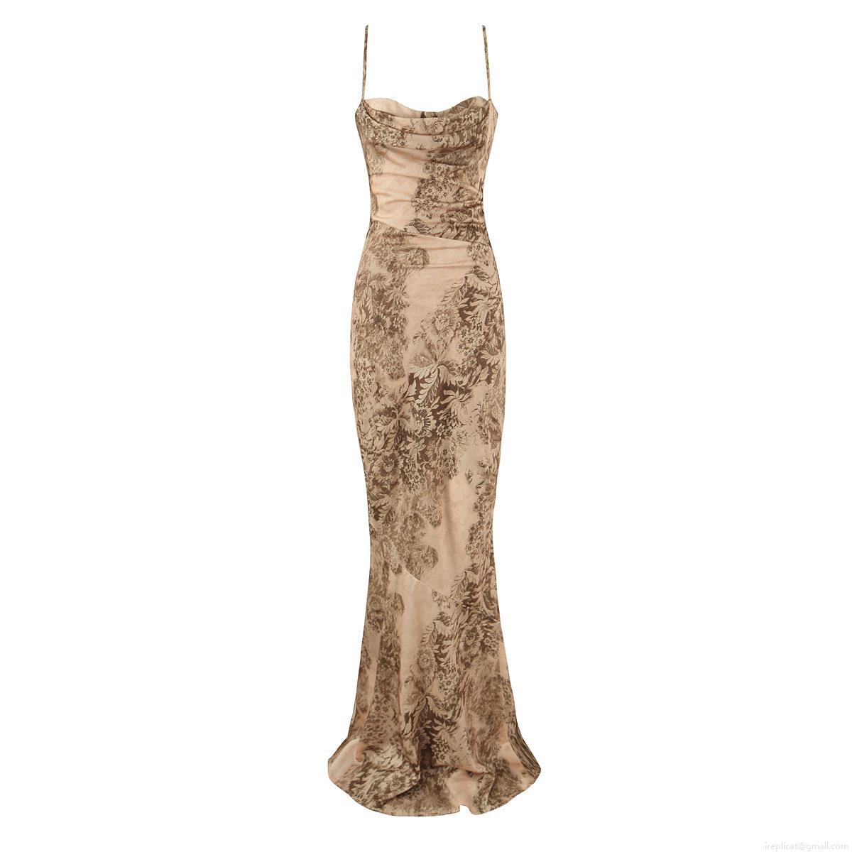 Women's Vintage Floral Maxi Slip Dress Cowl Neck Satin Polyester Fishtail Long Evening Party Wedding Dress Slim Fit Backless