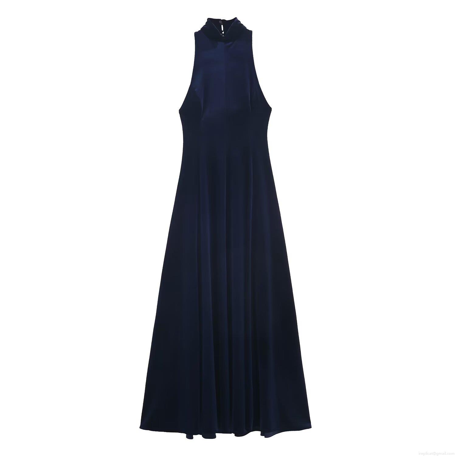 Sexy Backless Halter Neck Velvet Maxi Dress Elegant Slim Fit Sleeveless Evening Party Gown For Women Deep Blue Solid Color Long Dress