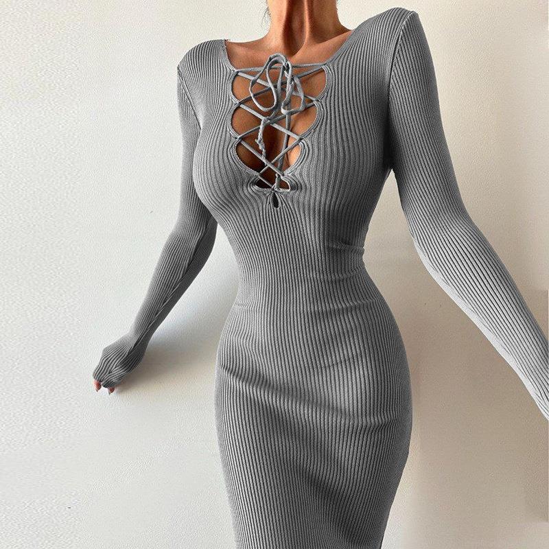 Women Sexy Long Sleeve Ribbed Knit Maxi Dress Cross Wrap Lace Up Hollow Out Bodycon Mermaid Dress For Club Party Night Out Sexy Streetwear
