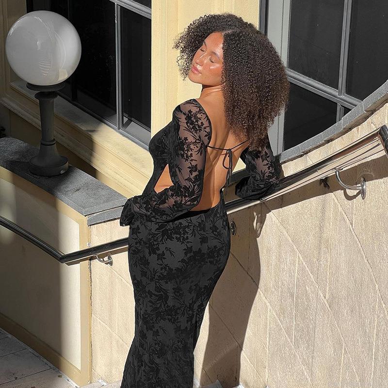 Sexy Backless Long Sleeve Maxi Dress Floral Lace Burn-out Bodycon Long Dress With Back Tie For Autumn Party Women Celebrity Style