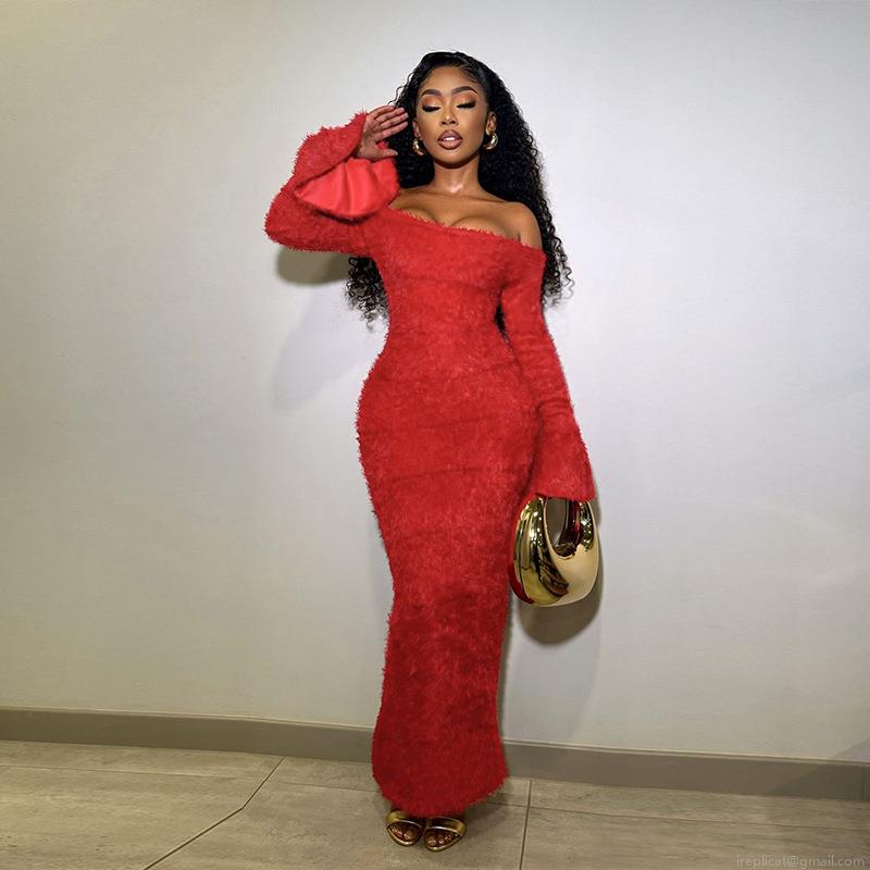 Women's Sexy Off-Shoulder Long Sleeve Faux Fur Maxi Dress Slim Fit Backless Flare Sleeve Red Bodycon Evening Party Christmas Clubwear Dress