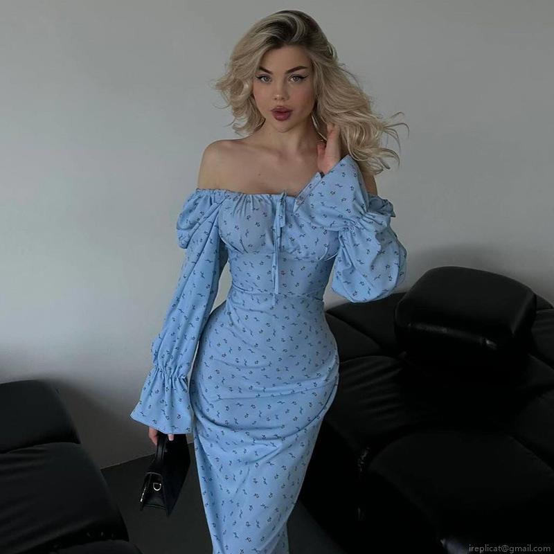Women Floral Print Bodycon Maxi Dress Square Neck Lantern Long Sleeve Lace-up Backless Slim Fit Elegant French Vintage Dress Autumn Outfit