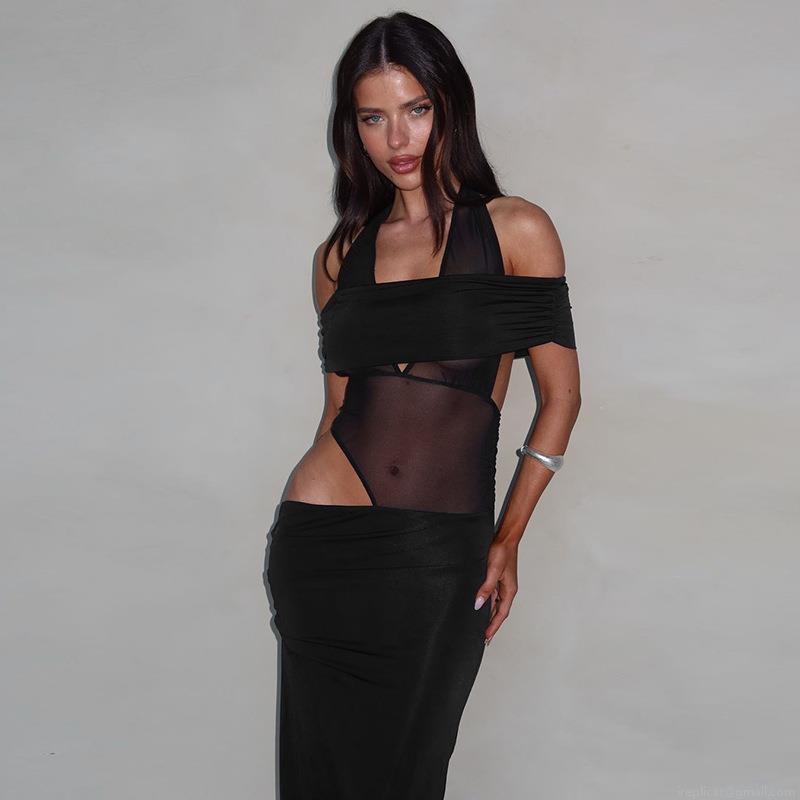 Women's Sexy Halter Neck Maxi Dress Black Cutout Mesh Patchwork Sleeveless Slim Fit Backless Long Dress For Party Club Night Out Summer Spring