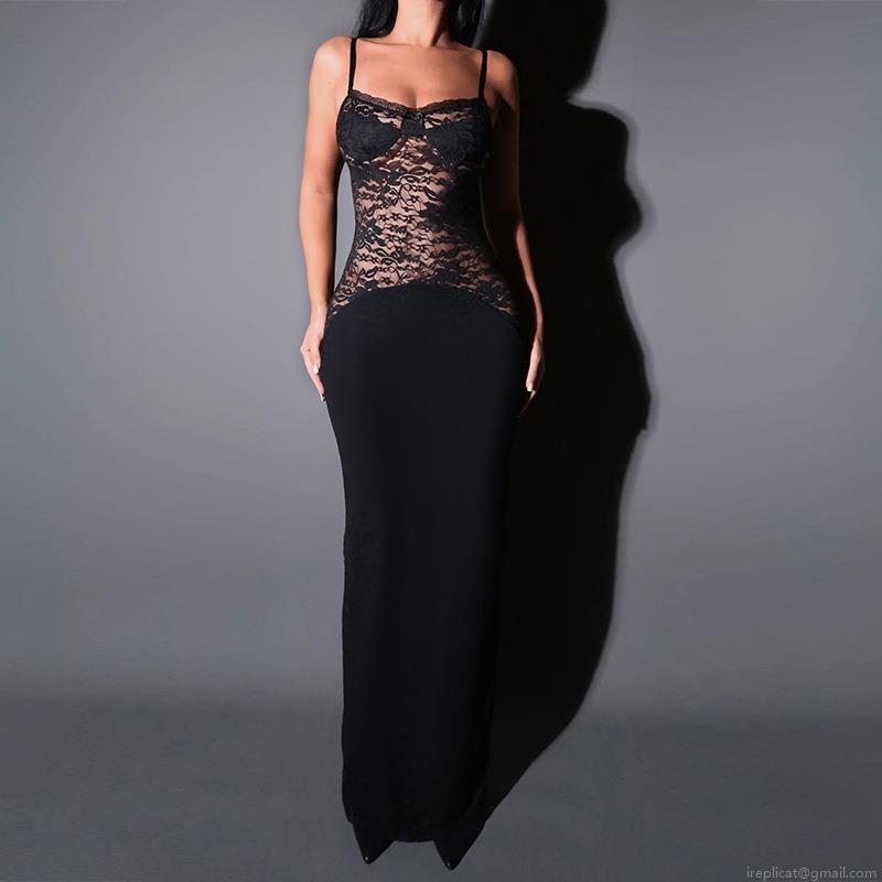 Elegant Black Lace Patchwork Backless Maxi Dress Sexy Spaghetti Strap Bodycon Party Evening Dress For Women Summer Vacation Clubwear