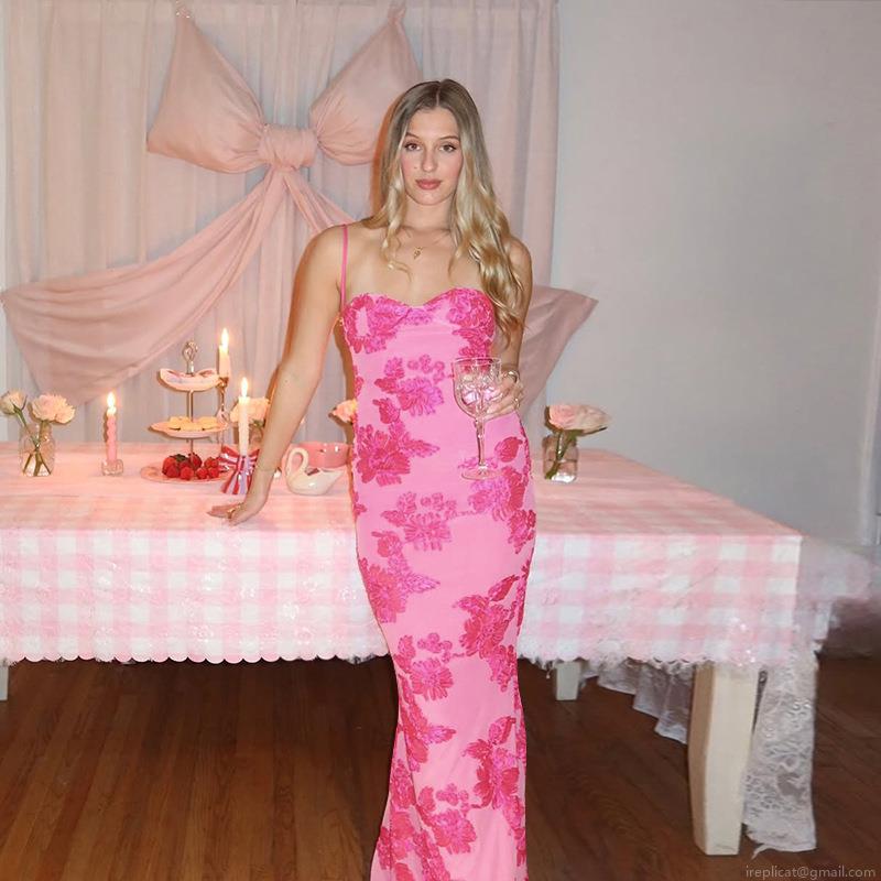 Women's Sexy Pink 3D Floral Embroidered Lace Maxi Dress Camisole Square Neck Slim Fit Bodycon Backless Vacation Party Evening Dress Elegant Mermaid Sundress
