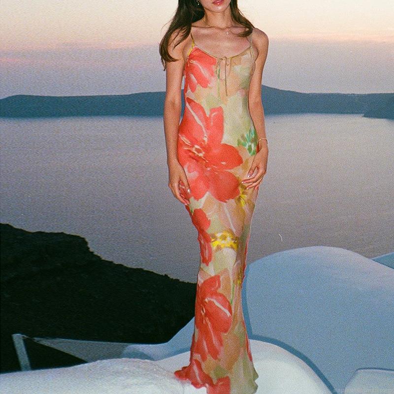 Women's Sexy Floral Print Backless Maxi Dress V-Neck Hollow Out Sleeveless Sling Vacation Beach Long Dress Polyester Spandex High Waist Summer A-Line Dress
