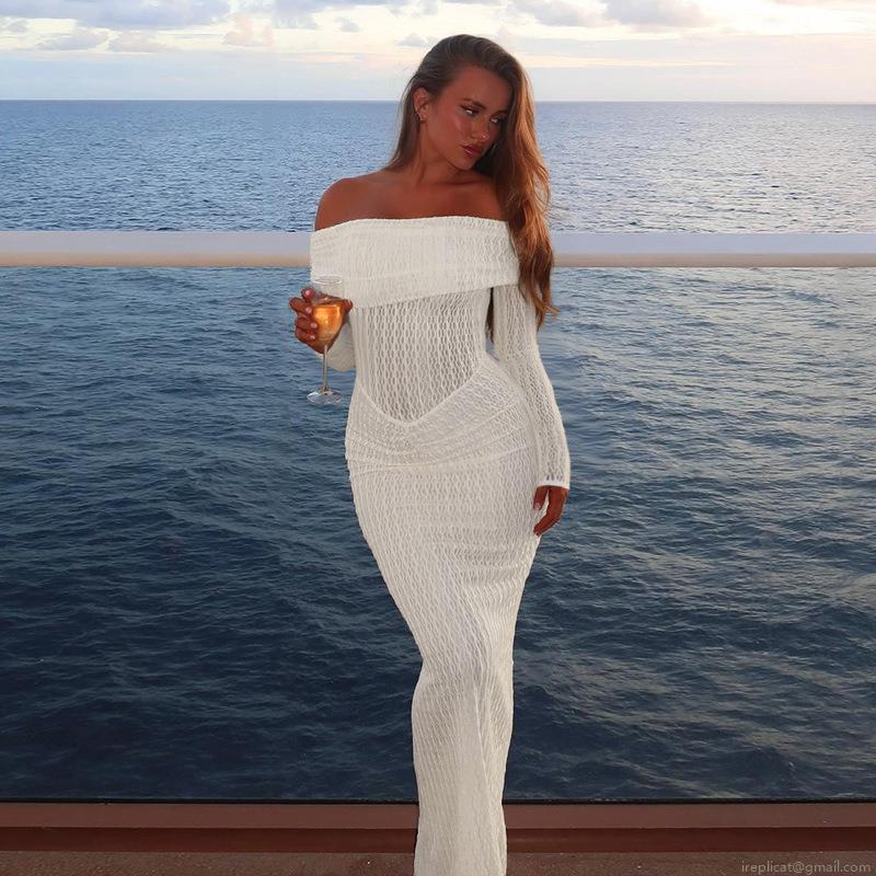 Sexy Off-Shoulder Maxi Dress For Women Textured Polyester Spandex Long Sleeve Slim Fit Hollow Out Crochet Evening Gown Party Vacation Dress