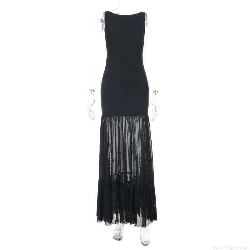 Women's Sexy Backless Tie-Up Maxi Dress Sleeveless Mesh Patchwork Long Dress Elegant Bodycon Streetwear Summer Nightclub Party Gown