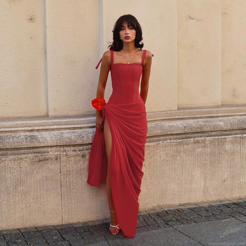 Sexy Red High Slit Maxi Dress Women Elegant Corset Waist Strappy Backless Ruched Evening Gown For Wedding Party Banquet Lady Clubwear