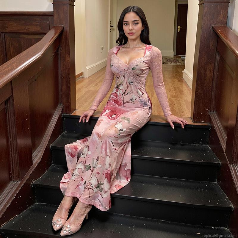 Women's Sexy Floral Print V Neck Maxi Dress With Lace Patchwork Mesh Long Sleeve Slim Fit Fishtail Bodycon Long Dresses For Party Social Elegant Evening Wear