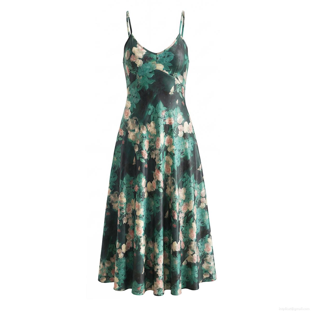 Women Vintage Rose Print Satin Maxi Dress Sexy V-Neck Backless Adjustable Straps Sleeveless Summer Cami Dresses For Vacation Party Ladies Polyester Silk Like Slip Dress