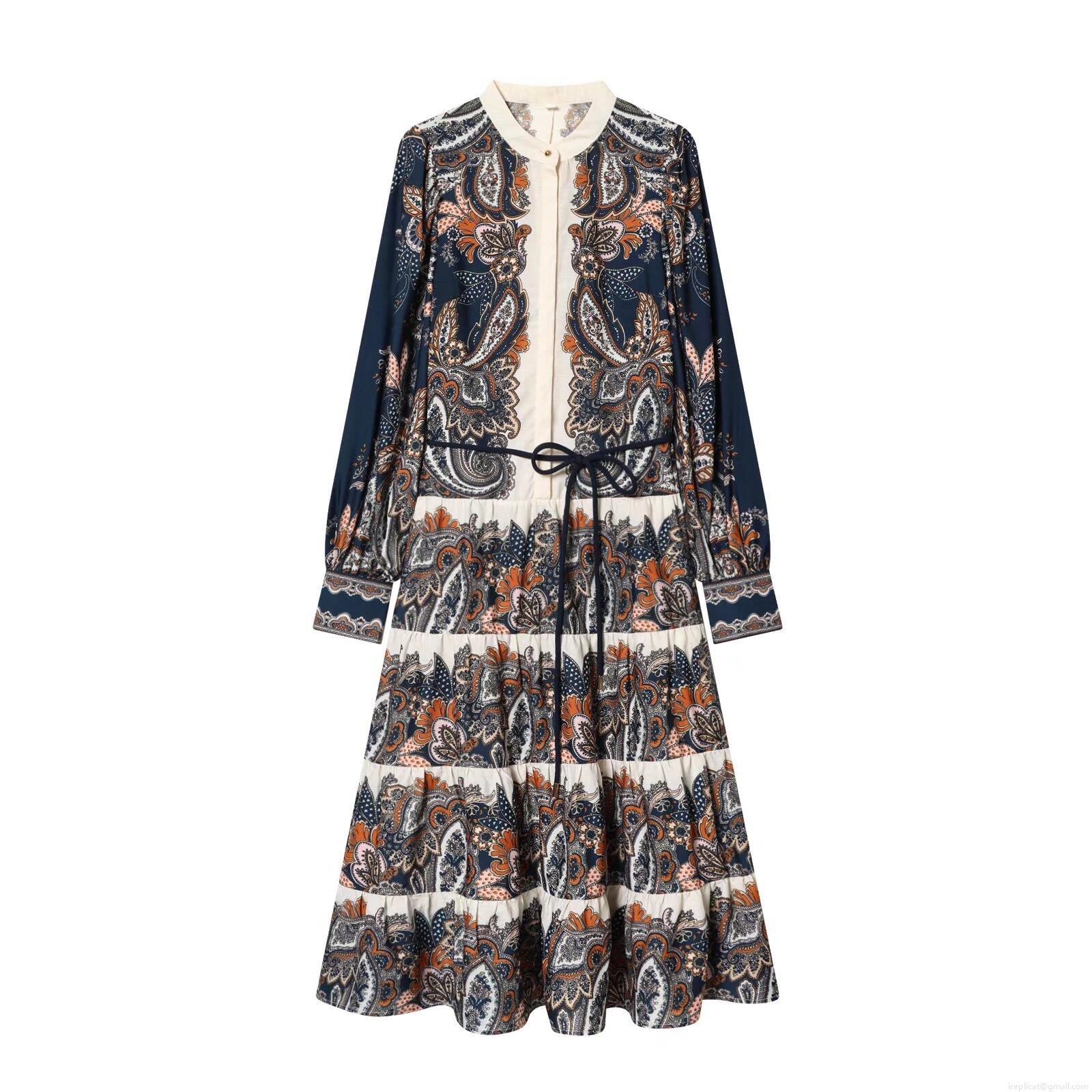 Women Bohemian Paisley Print Maxi Dress Long Sleeve Tiered Cake Skirt Stand Collar Waist Tie Elegant Vacation Dresses For Women Fashion Print