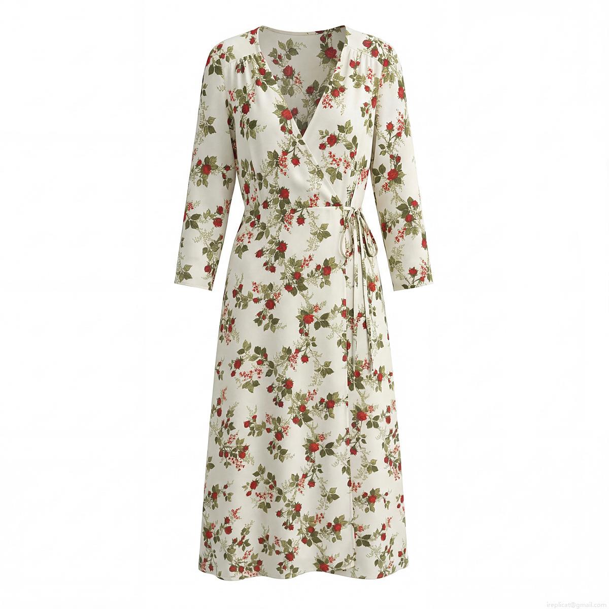 Women's French Retro Floral Wrap Maxi Dress Long Sleeve V Neck Waist Tie Polyester Pastoral Long Dress For Summer Vacation Date Lady Elegant