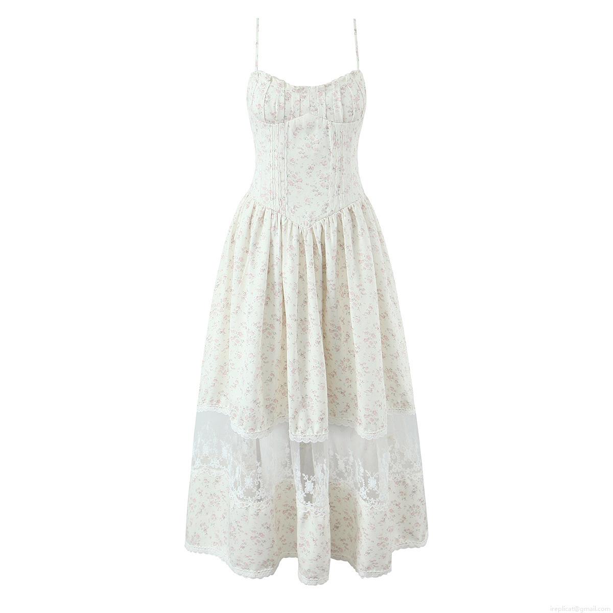 French Pastoral Floral Print Maxi Dress For Women Lace Patchwork Strappy Waist Cinch Slip Dress Romantic Pleated Bust Backless Summer Vacation Beach Long Dress