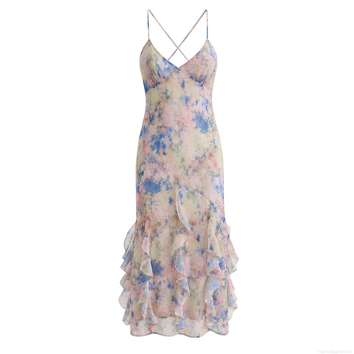 Women Floral Print Spaghetti Strap Maxi Dress Sexy Backless Cross Straps V Neck Ruffle Hem Boho Long Dress for Vacation Party