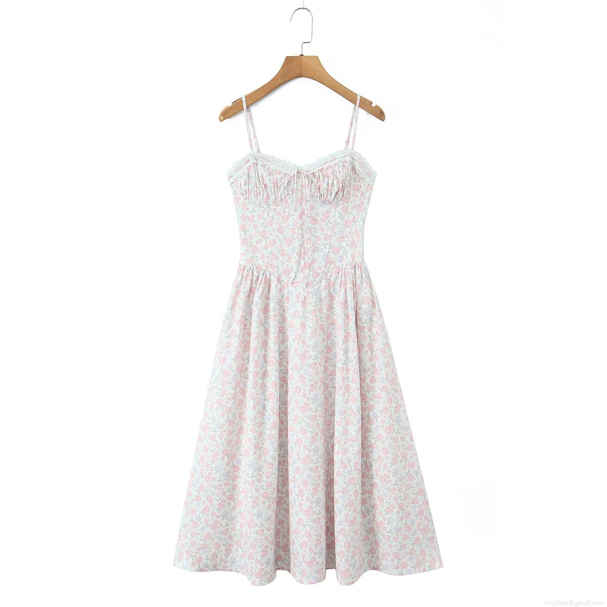 French Vacation Floral Lace Up Slip Maxi Dress Women Summer V Neck Lace Trim Smocked Waist Polyester Chiffon Backless Beach Long Dress
