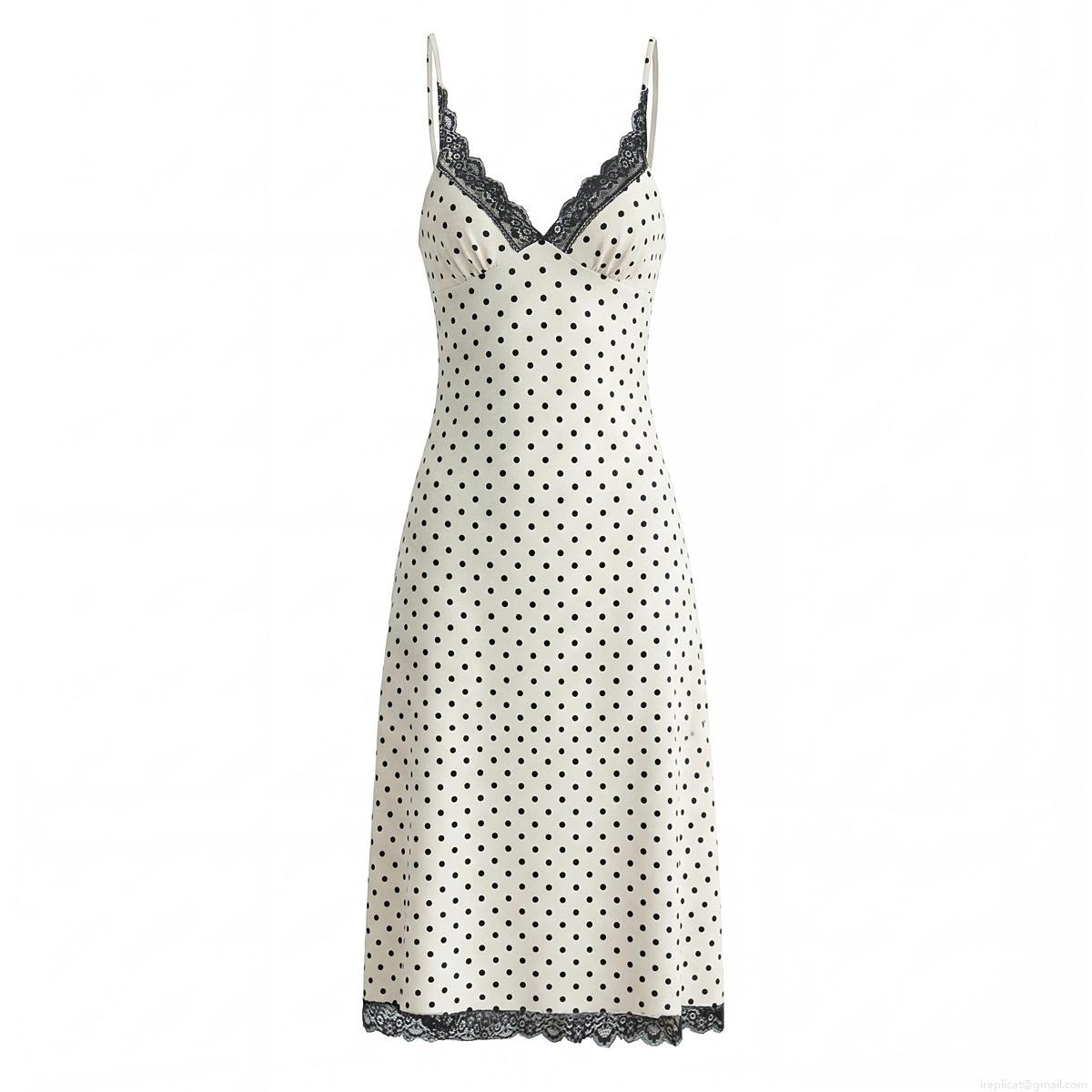 Women's Sexy Polka Dot Satin Maxi Slip Dress With Black Lace Trim V Neck Backless Lace-up High Waist Sleeveless Long Dress For Party Dating