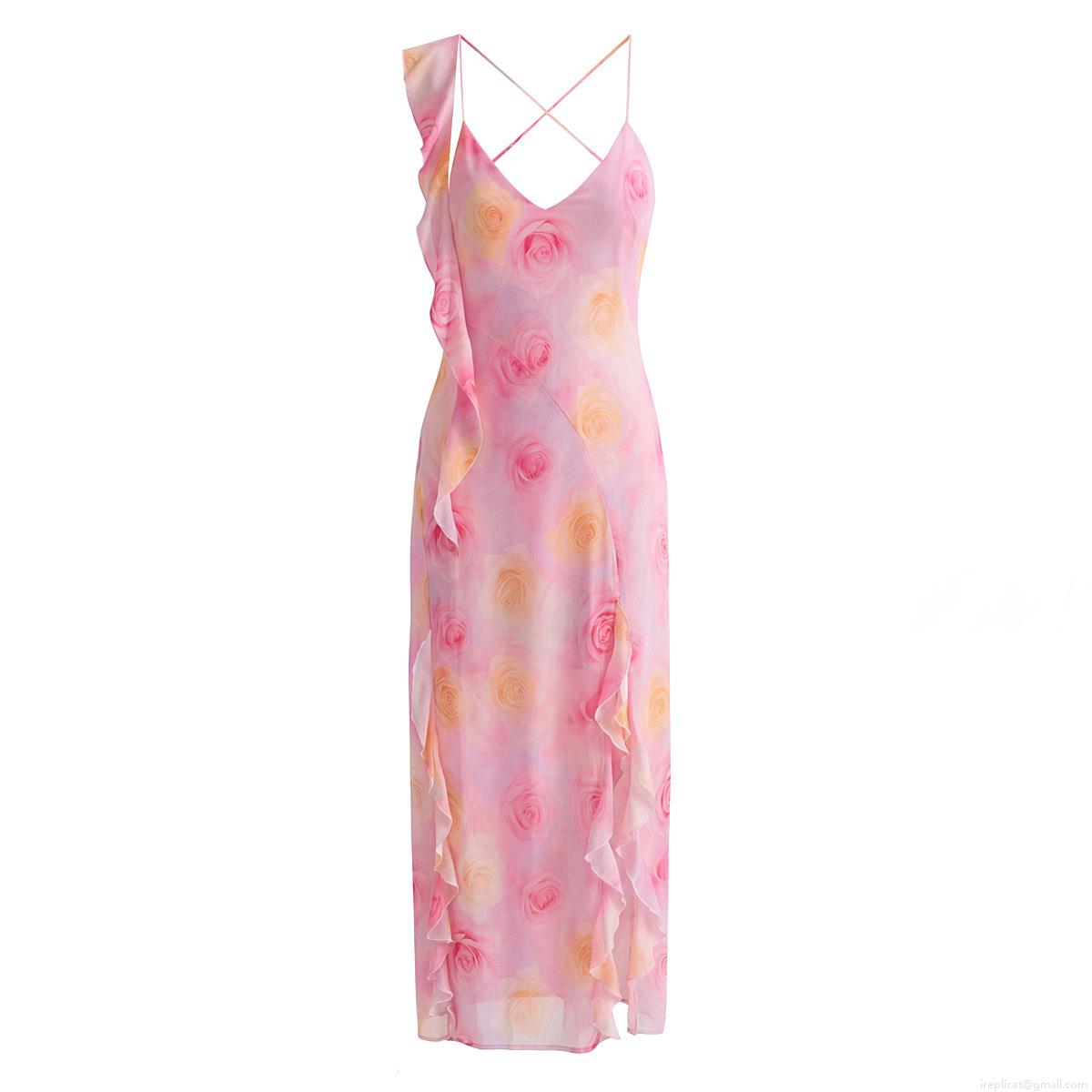 Women Sexy Floral Print Maxi Dress Polyester Ruffle Hem Irregular Backless V Neck Spaghetti Strap Slit Long Dress For Vacation Party