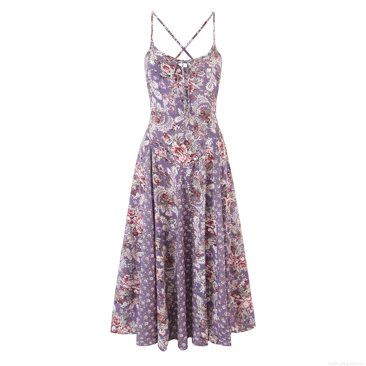Women's Bohemian Purple Floral Maxi Dress French Retro V-Neck Spaghetti Strap Backless Paisley Print Summer Vacation Beach Long Dress